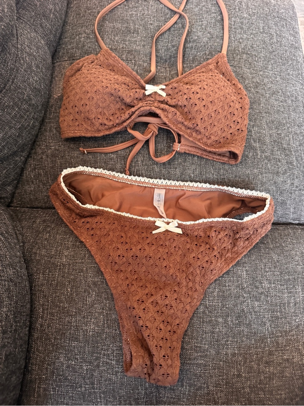 New Brown Crochet Bikini Set with Ivory Bow Accent